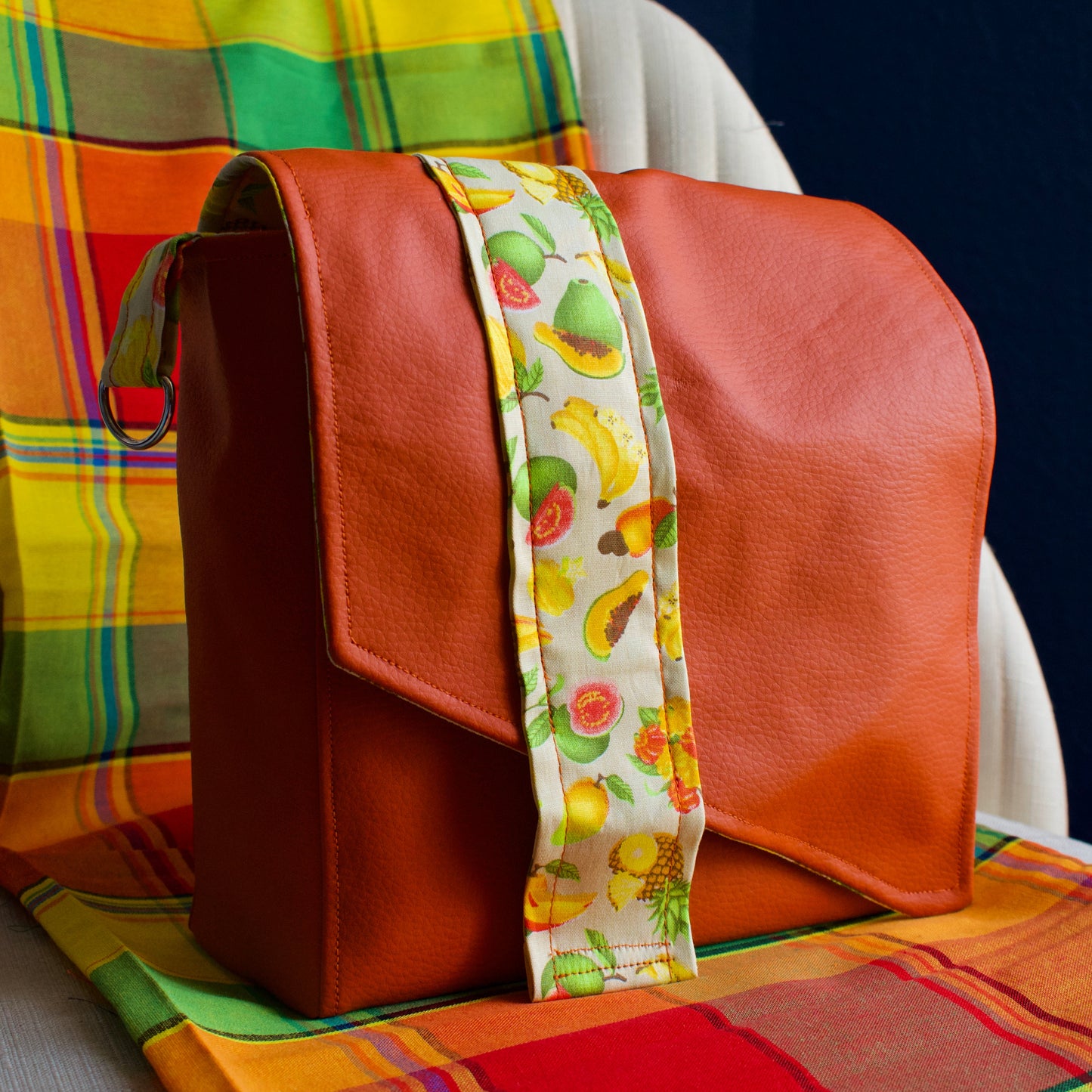 sac à main newjen similicuir orange motifs fruits exotiques coloré et tendance estivale